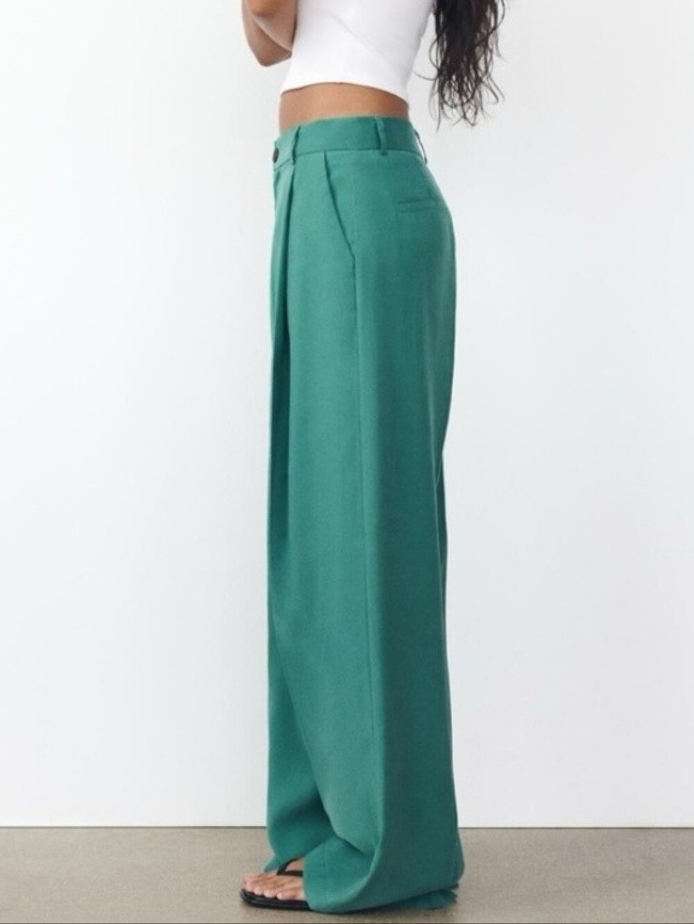 ZARA Green FLOWY PLEATED PANTS POCKETS  Sz. S Modal